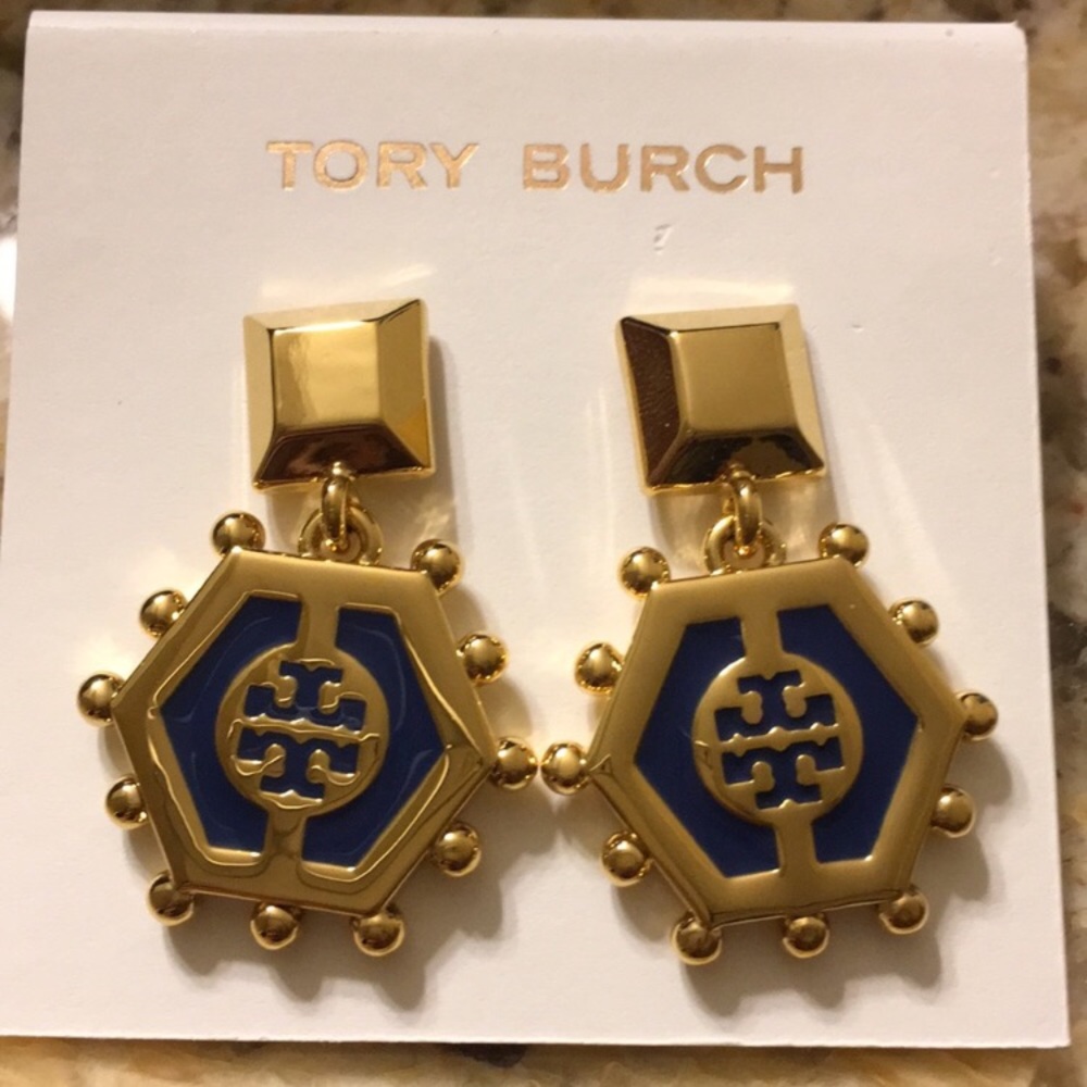 Tory Burch Gold blue TT face earrings
